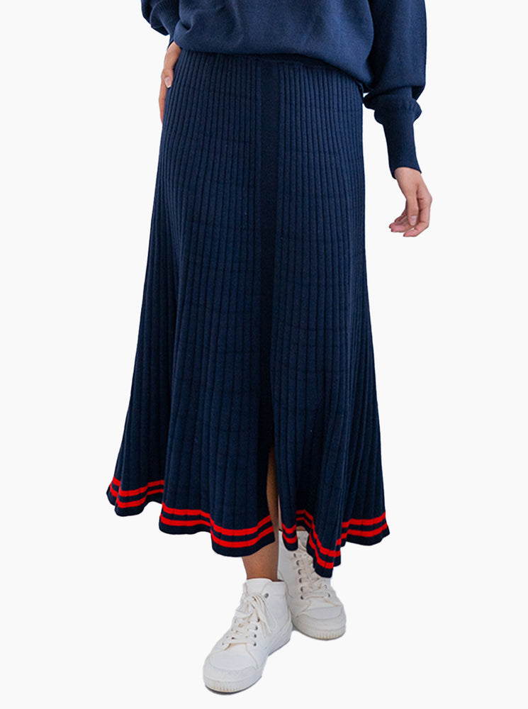 Rebecca Knit Skirt with Stripe - Navy/Poppy