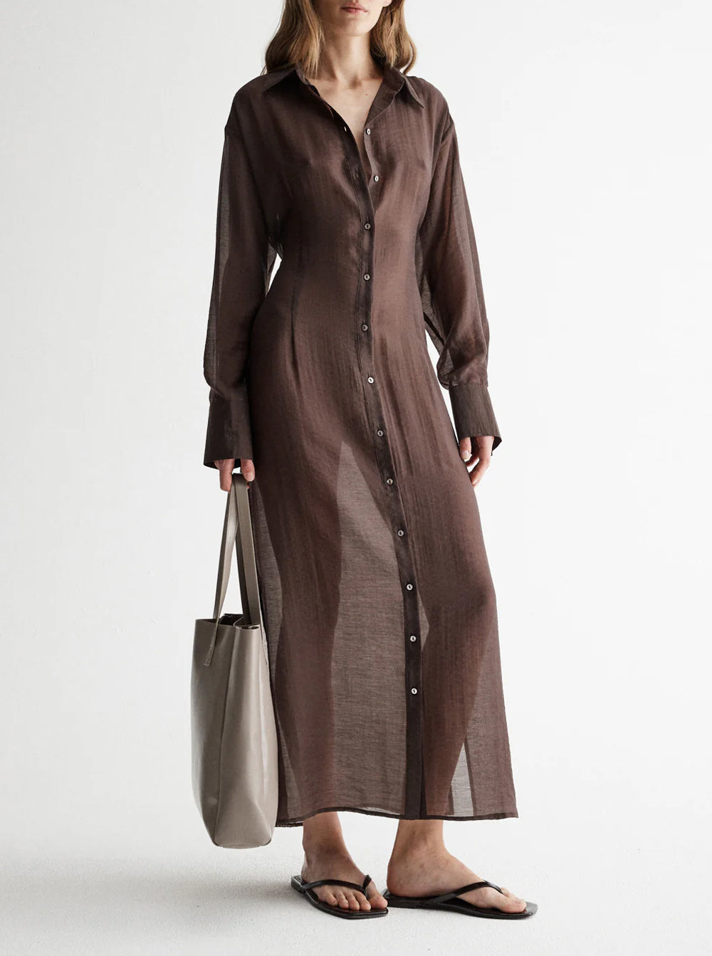 elka collective brown dress Elara Brown Mesh Beaded Maxi Dress