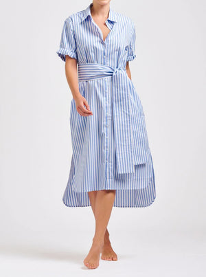 The Annie Relaxed Short Sleeve Shirtdress - Pale Blue Stripe