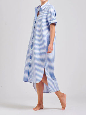 The Annie Relaxed Short Sleeve Shirtdress - Pale Blue Stripe