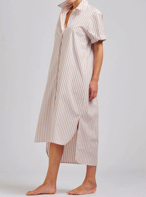The Annie Relaxed Short Sleeve Shirtdress - Stone White Stripe