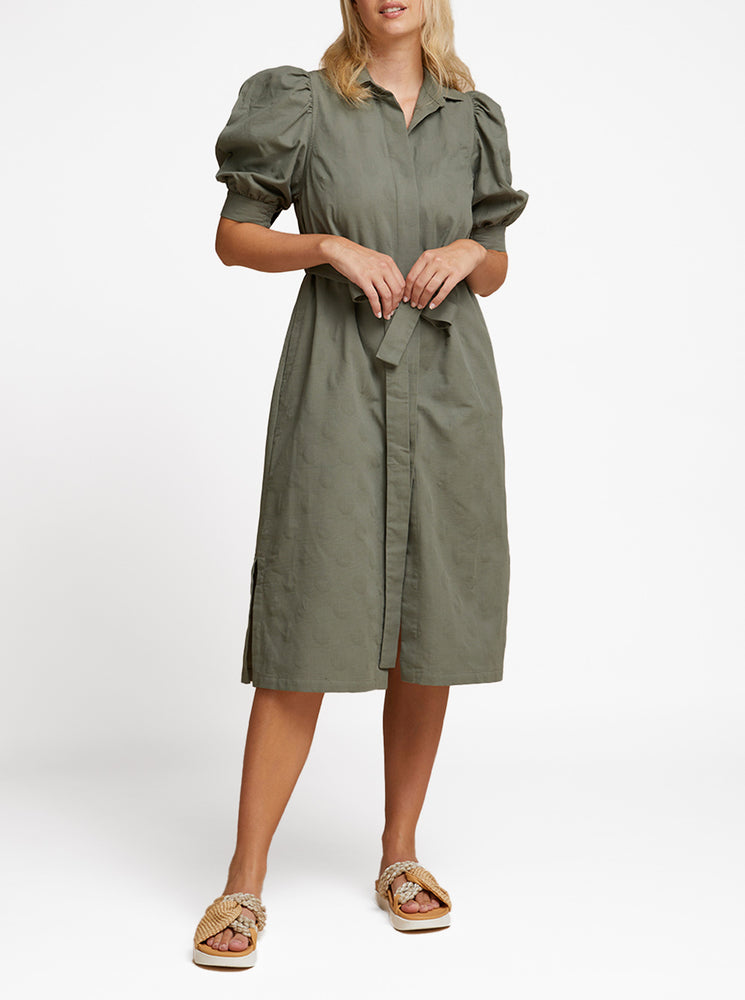 
            
                Load image into Gallery viewer, Barcelona Dress - Olive Dot Jacquard
            
        