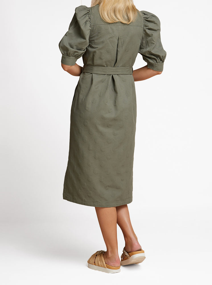 
            
                Load image into Gallery viewer, Barcelona Dress - Olive Dot Jacquard
            
        