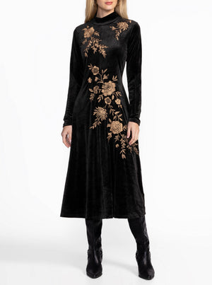 Stretch Velvet Mock Neck Dress - Black