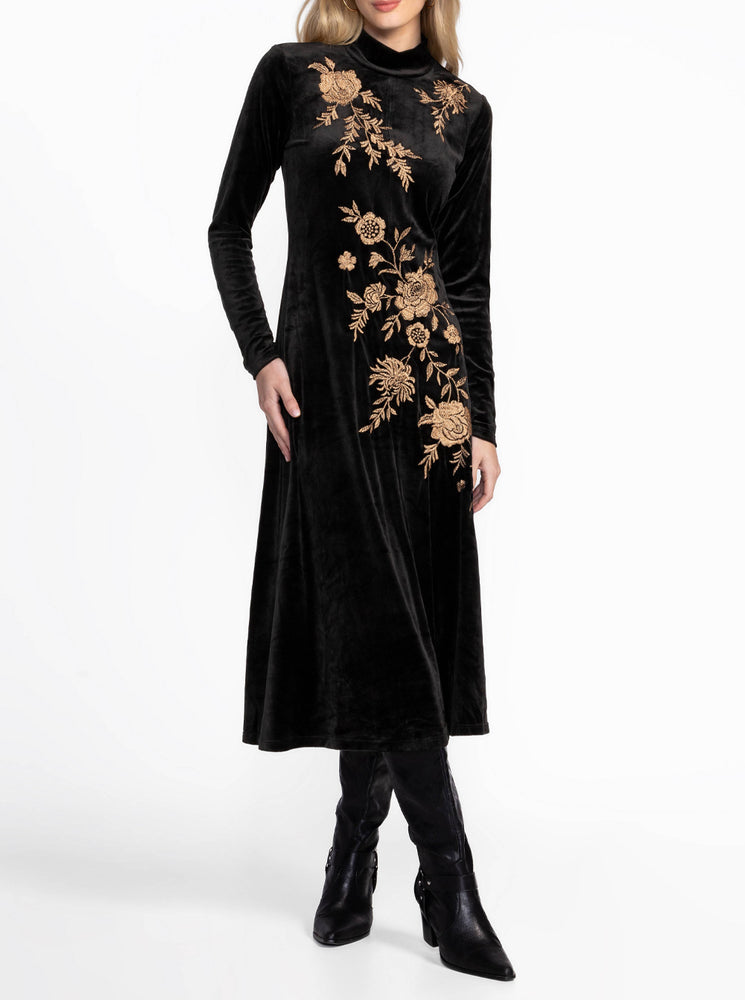 Stretch Velvet Mock Neck Dress - Black