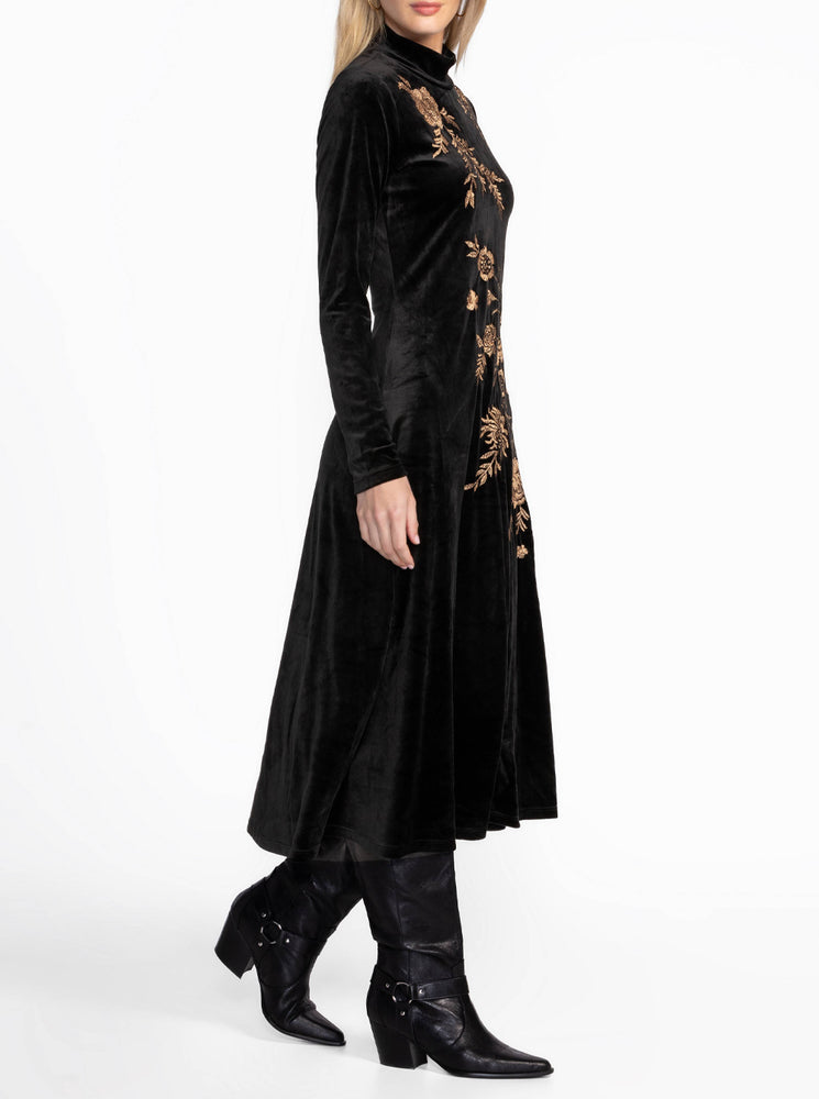 Stretch Velvet Mock Neck Dress - Black