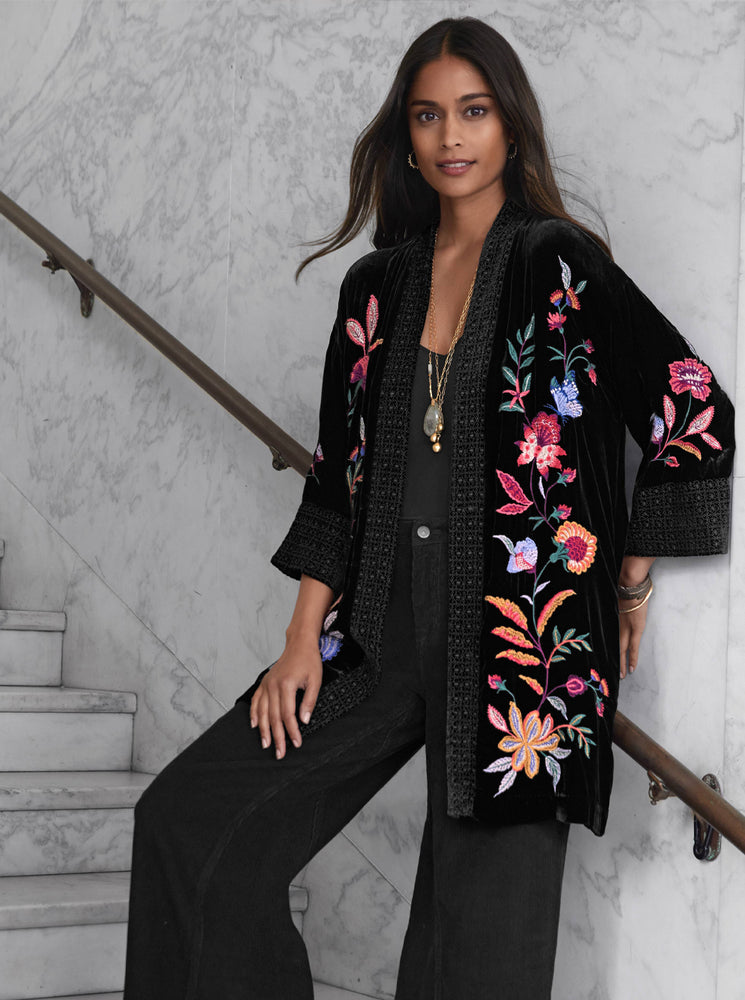 Sandra Wide Cuff Velvet Kimono - Black