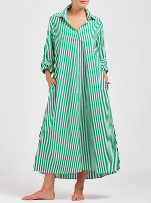 The Luna Oversized Long Shirtdress - Apple Green Stripe