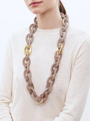 Oval Necklace Long with Gold - Greige Marble/Matt Light Taupe