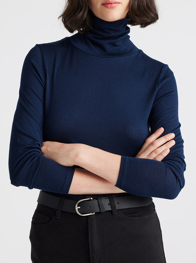 
            
                Load image into Gallery viewer, Turtle Neck Merino Tee - Navy
            
        