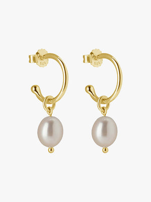 Small Hoop with Pearl Drop Earrings - 18 KT Yellow Gold Plate