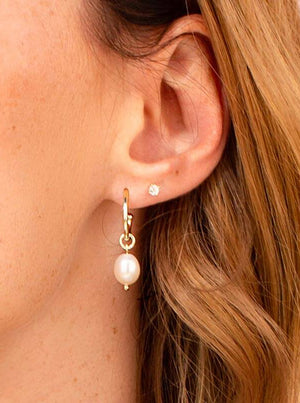 Small Hoop with Pearl Drop Earrings - 18 KT Yellow Gold Plate